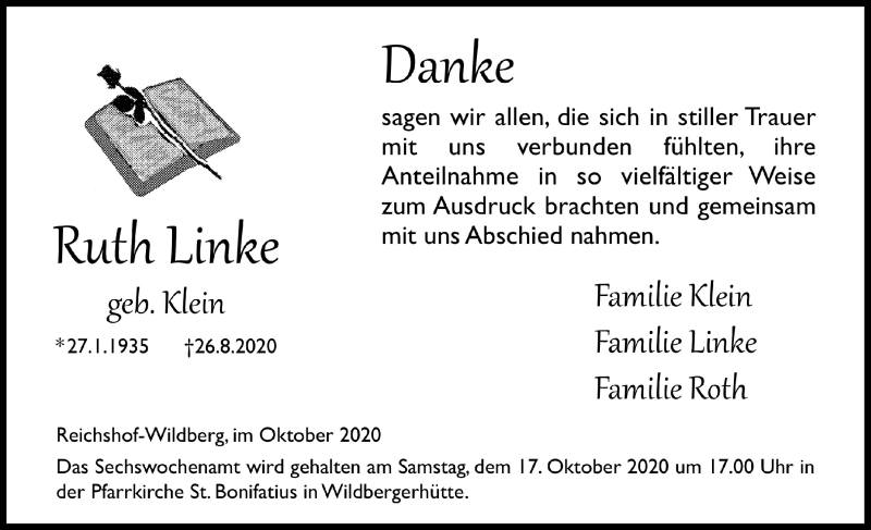  Traueranzeige für Ruth Linke vom 09.10.2020 aus  Anzeigen Echo  Lokalanzeiger 