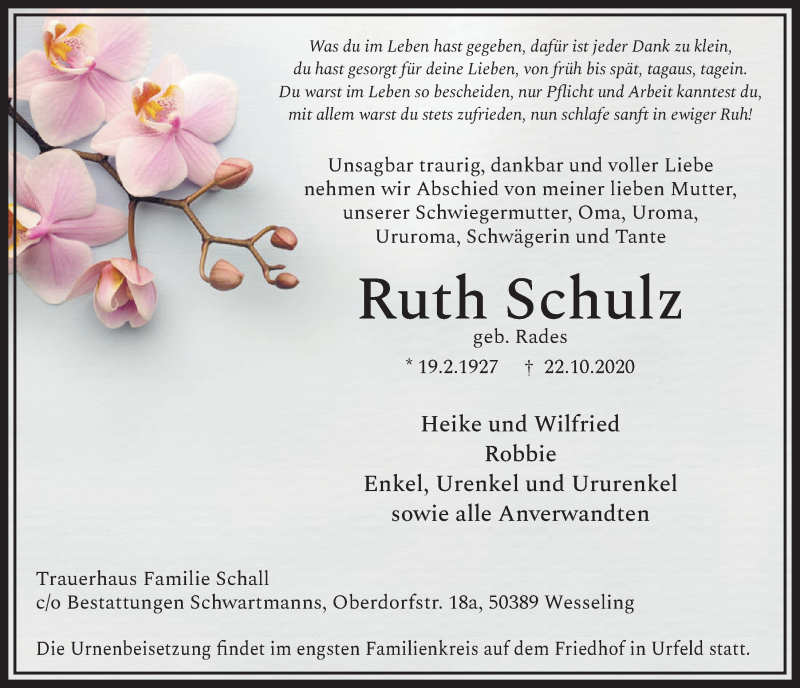  Traueranzeige für Ruth Schulz vom 30.10.2020 aus  Schlossbote/Werbekurier 