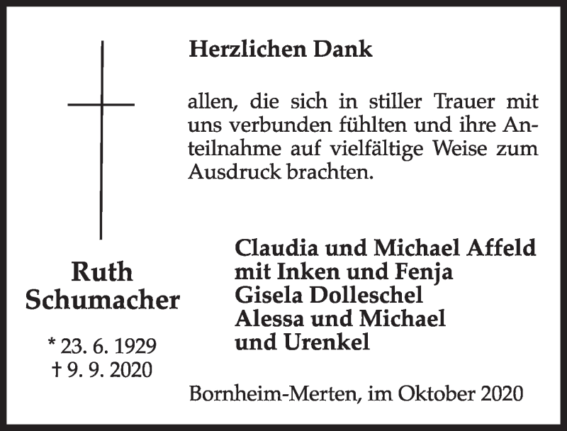  Traueranzeige für Ruth Schumacher vom 09.10.2020 aus  Schlossbote/Werbekurier 
