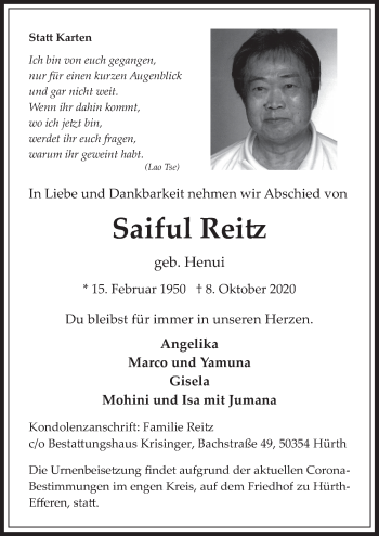 Anzeige von Saiful Reitz von  Wochenende 