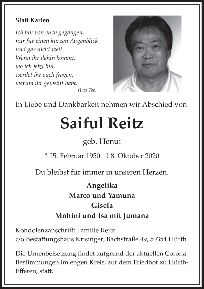  Traueranzeige für Saiful Reitz vom 23.10.2020 aus  Wochenende 