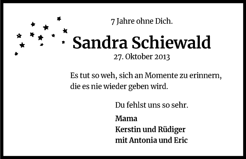  Traueranzeige für Sandra Schiewald vom 31.10.2020 aus Kölner Stadt-Anzeiger / Kölnische Rundschau / Express