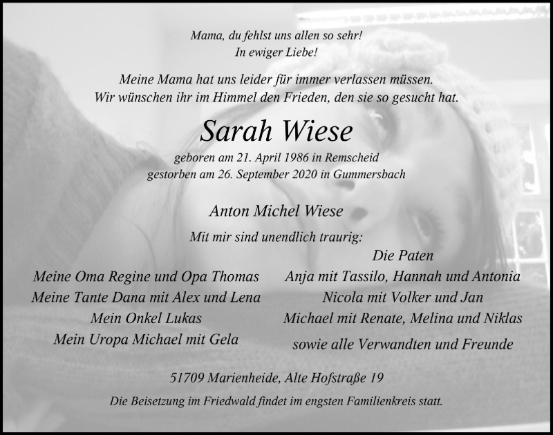  Traueranzeige für Sarah Wiese vom 09.10.2020 aus  Anzeigen Echo 