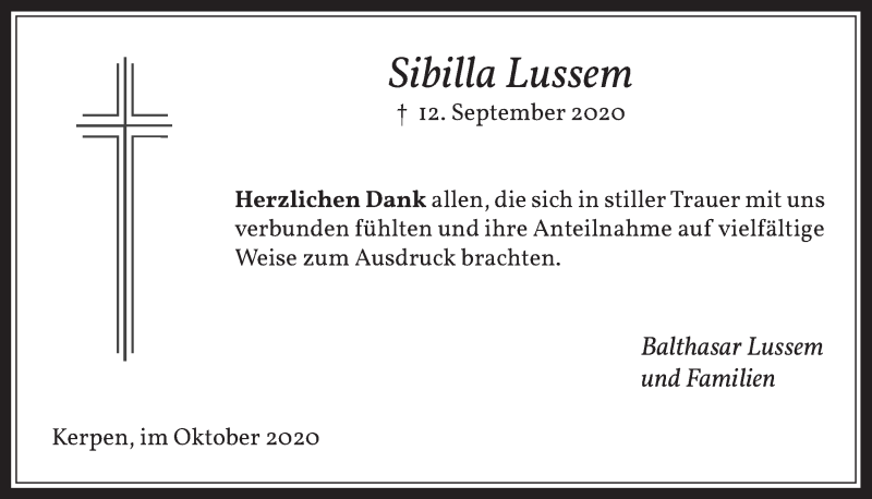  Traueranzeige für Sibilla Lussem vom 16.10.2020 aus  Werbepost 