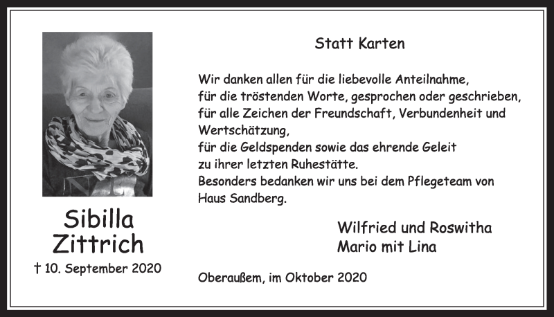  Traueranzeige für Sibilla Zittrich vom 30.10.2020 aus  Werbepost 