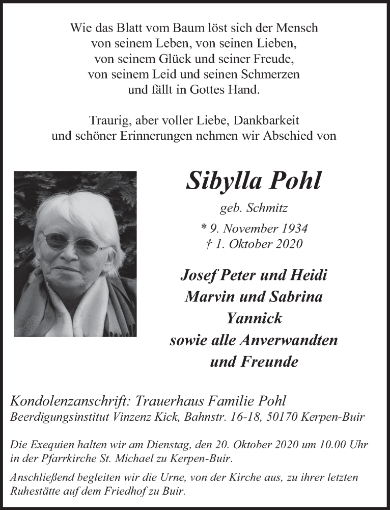  Traueranzeige für Sibylla Pohl vom 16.10.2020 aus  Werbepost 