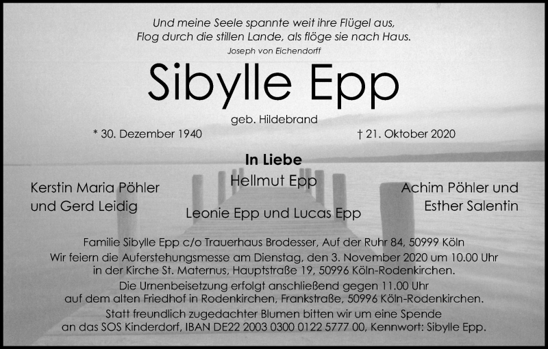  Traueranzeige für Sibylle Epp vom 31.10.2020 aus Kölner Stadt-Anzeiger / Kölnische Rundschau / Express