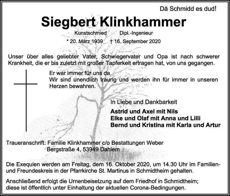  Traueranzeige für Siegbert Klinkhammer vom 10.10.2020 aus Kölner Stadt-Anzeiger / Kölnische Rundschau / Express