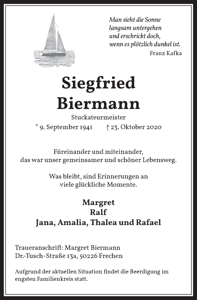  Traueranzeige für Siegfried Biermann vom 30.10.2020 aus  Wochenende 