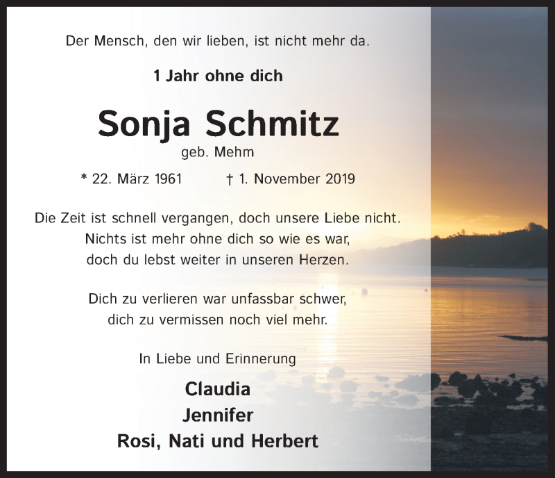  Traueranzeige für Sonja Schmitz vom 31.10.2020 aus Kölner Stadt-Anzeiger / Kölnische Rundschau / Express