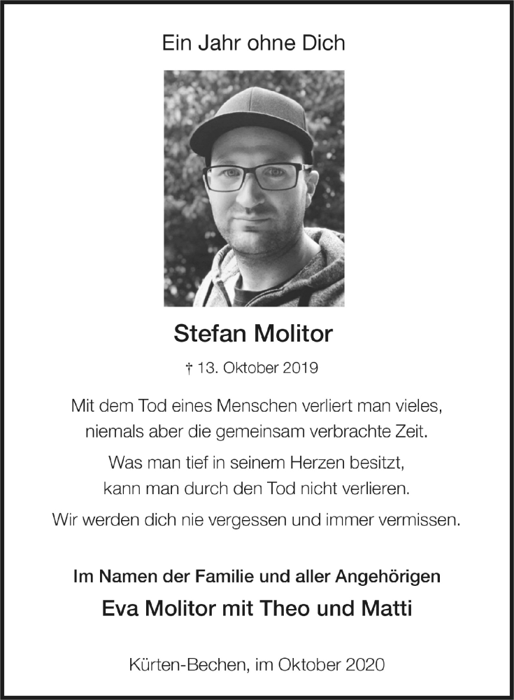  Traueranzeige für Stefan Molitor vom 09.10.2020 aus  Bergisches Handelsblatt 