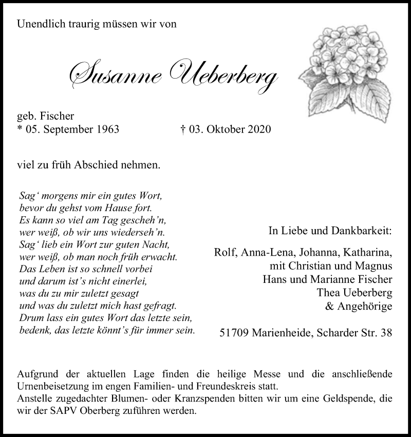  Traueranzeige für Susanne Ueberberg vom 10.10.2020 aus Kölner Stadt-Anzeiger / Kölnische Rundschau / Express