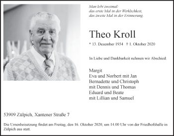 Anzeige von Theo Kroll von  Blickpunkt Euskirchen 