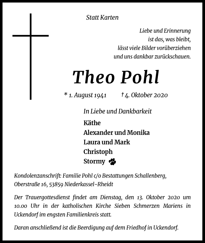  Traueranzeige für Theo Pohl vom 10.10.2020 aus Kölner Stadt-Anzeiger / Kölnische Rundschau / Express