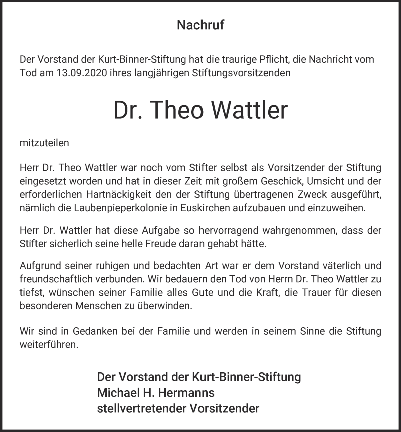  Traueranzeige für Theo Wattier vom 26.09.2020 aus  Blickpunkt Euskirchen 