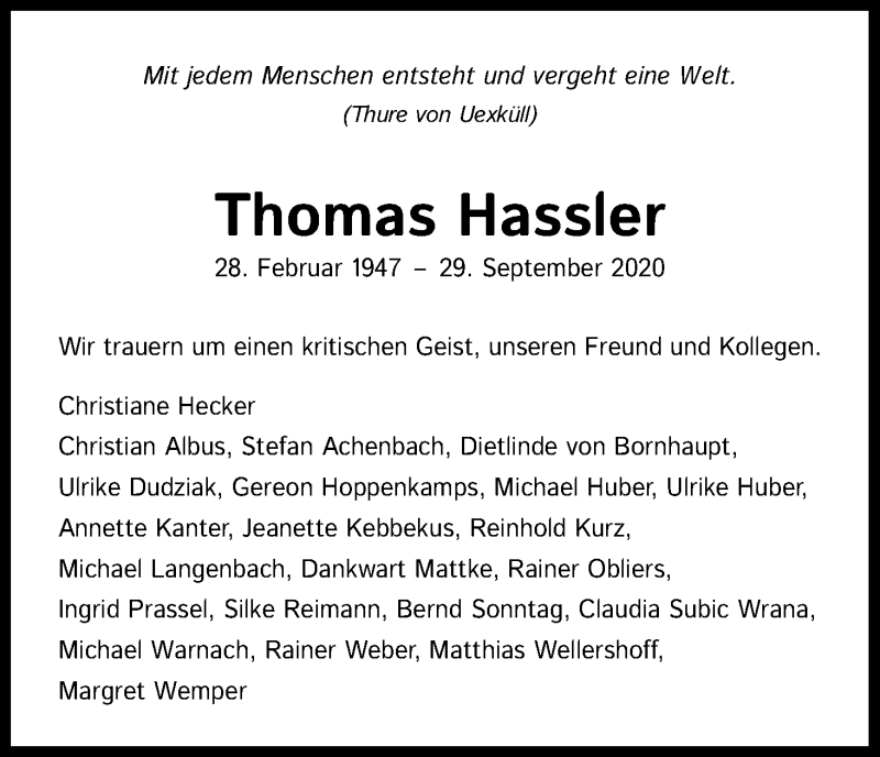  Traueranzeige für Thomas Hassler vom 17.10.2020 aus Kölner Stadt-Anzeiger / Kölnische Rundschau / Express
