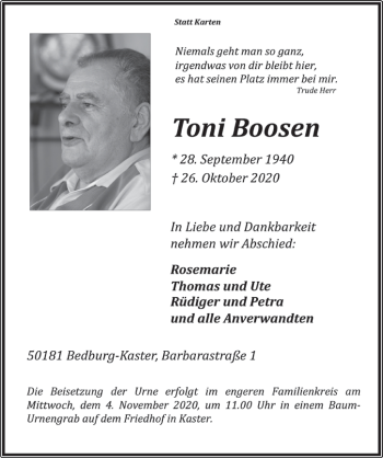 Anzeige von Toni Boosen von  Werbepost 
