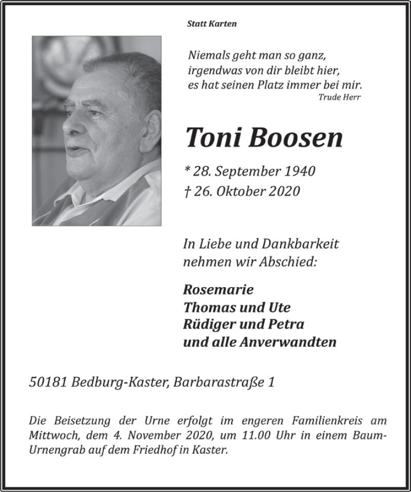  Traueranzeige für Toni Boosen vom 30.10.2020 aus  Werbepost 
