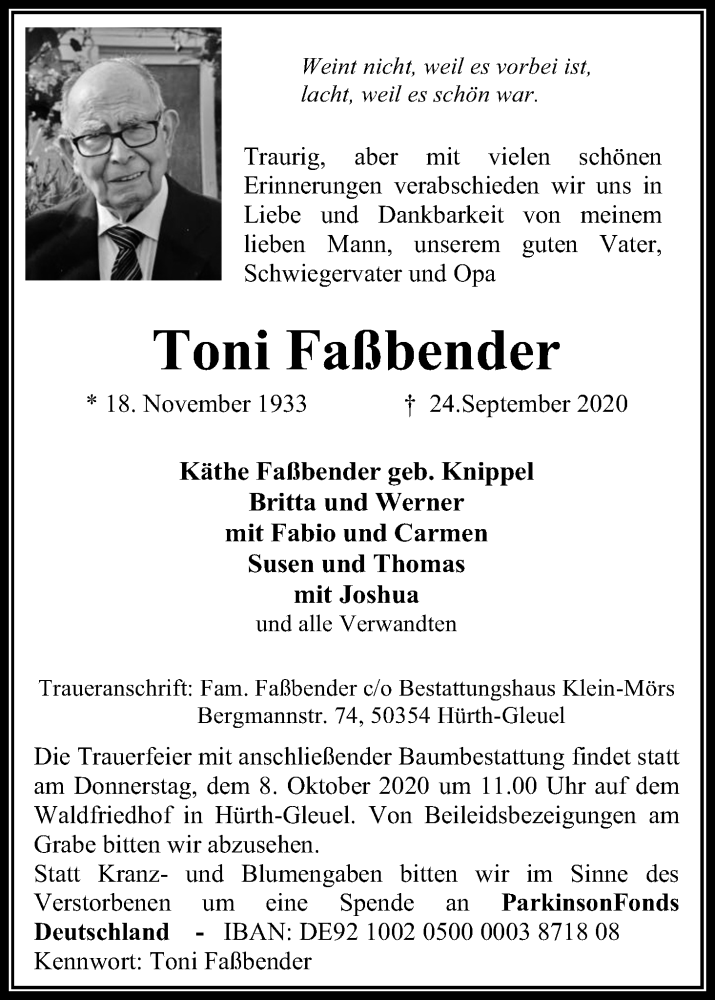  Traueranzeige für Toni Faßbender vom 03.10.2020 aus Kölner Stadt-Anzeiger / Kölnische Rundschau / Express