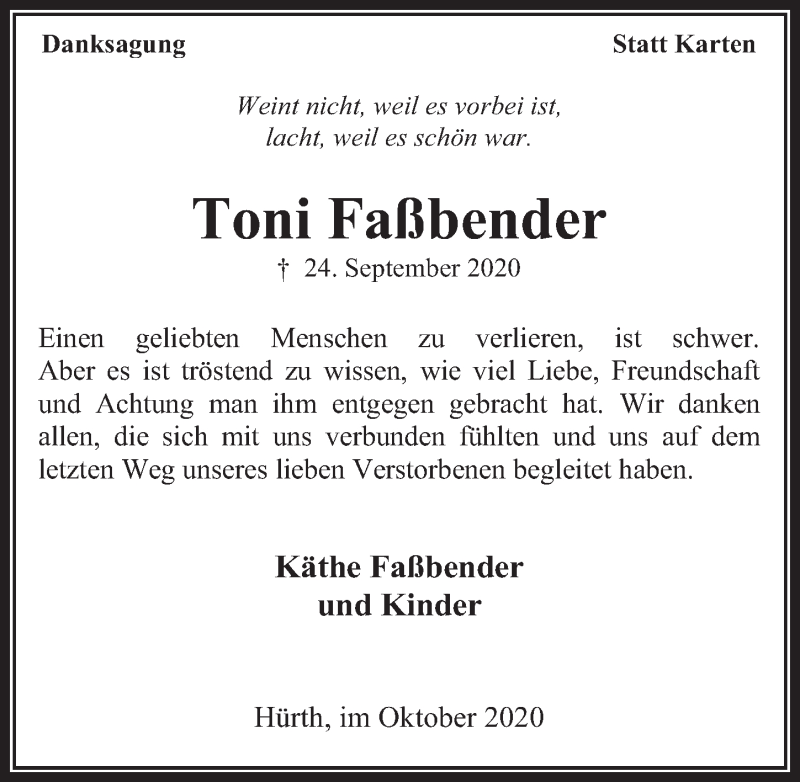  Traueranzeige für Toni Faßbender vom 16.10.2020 aus  Wochenende 