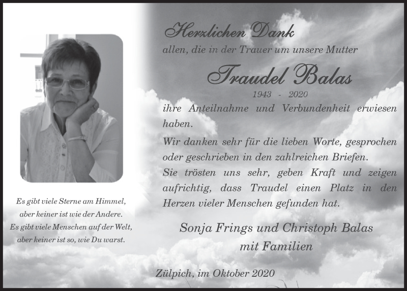  Traueranzeige für Traudel Balas vom 10.10.2020 aus  Blickpunkt Euskirchen 