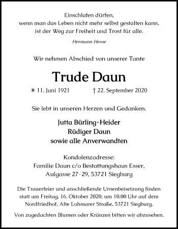 Anzeige von Trude Daun von Kölner Stadt-Anzeiger / Kölnische Rundschau / Express