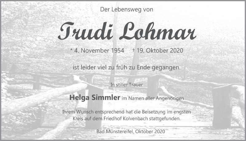  Traueranzeige für Trudi Lohmar vom 24.10.2020 aus  Blickpunkt Euskirchen 