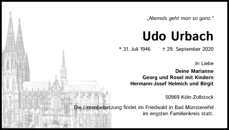  Traueranzeige für Udo Urbach vom 10.10.2020 aus Kölner Stadt-Anzeiger / Kölnische Rundschau / Express