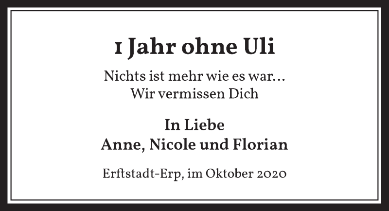  Traueranzeige für Uli  vom 16.10.2020 aus  Werbepost 