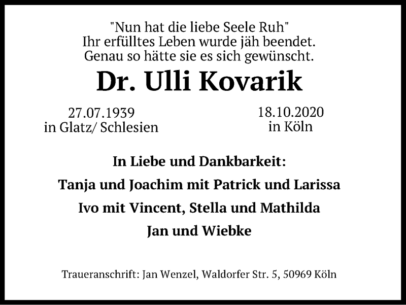 Traueranzeige für Ulli Kovarik vom 29.10.2020 aus Kölner Stadt-Anzeiger / Kölnische Rundschau / Express