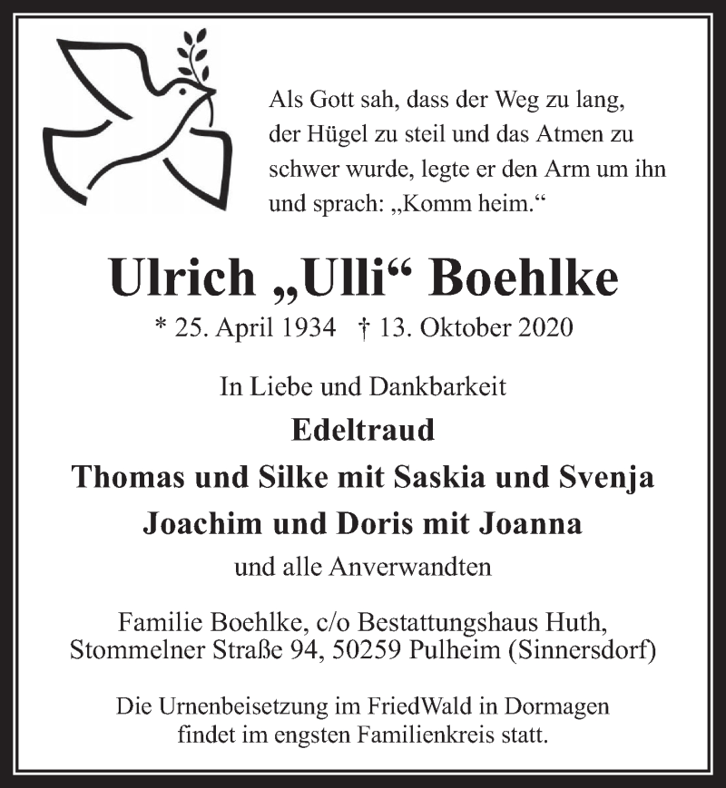  Traueranzeige für Ulrich Boehlke vom 23.10.2020 aus  Wochenende 