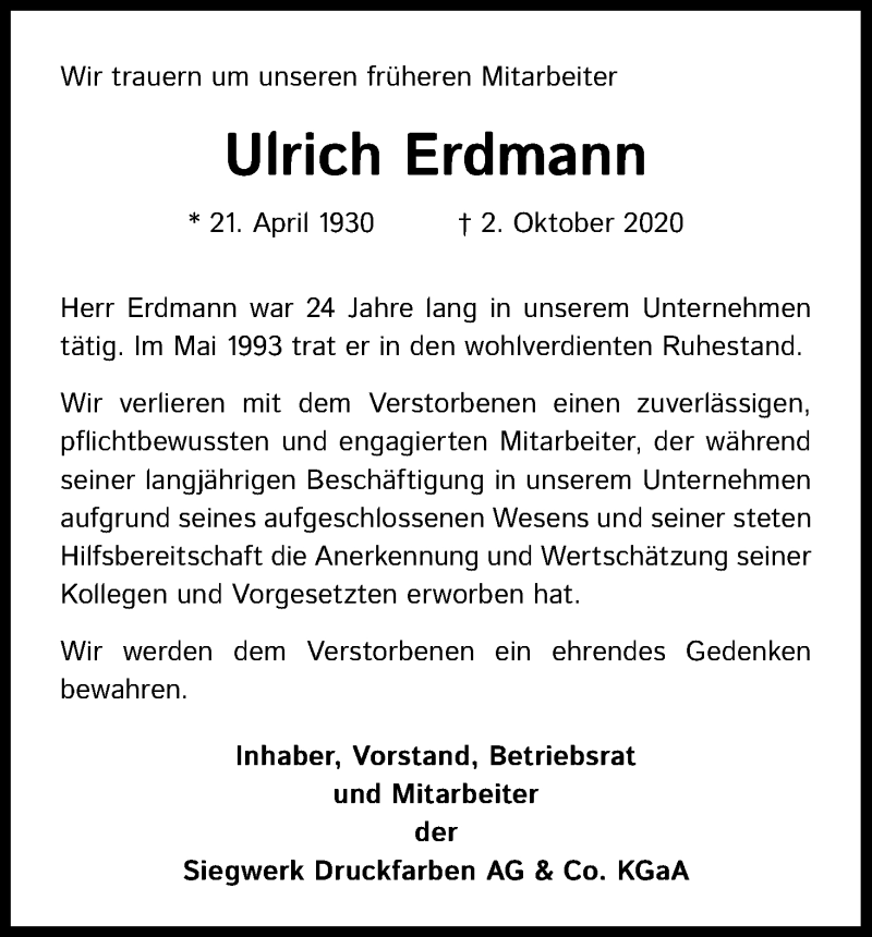  Traueranzeige für Ulrich Erdmann vom 20.10.2020 aus Kölner Stadt-Anzeiger / Kölnische Rundschau / Express