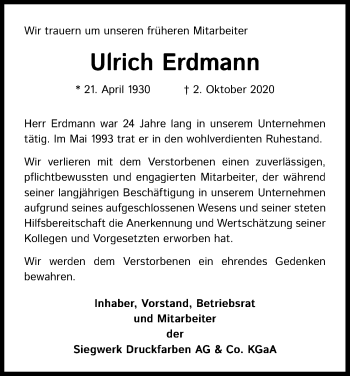Anzeige von Ulrich Erdmann von Kölner Stadt-Anzeiger / Kölnische Rundschau / Express