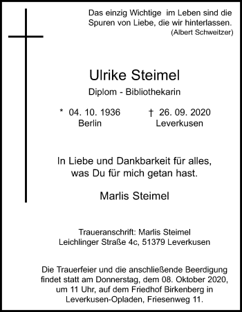 Anzeige von Ulrike Steimel von Kölner Stadt-Anzeiger / Kölnische Rundschau / Express