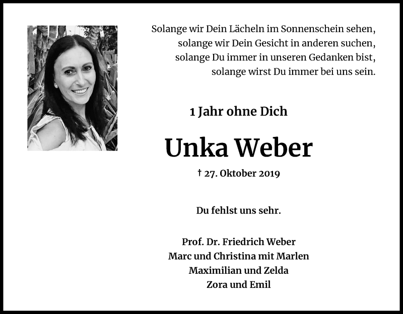  Traueranzeige für Unka Weber vom 27.10.2020 aus Kölner Stadt-Anzeiger / Kölnische Rundschau / Express