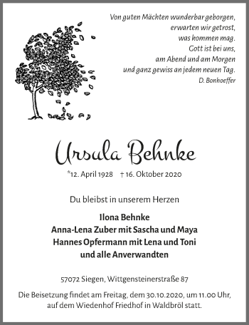 Anzeige von Ursula Behnke von  Lokalanzeiger 