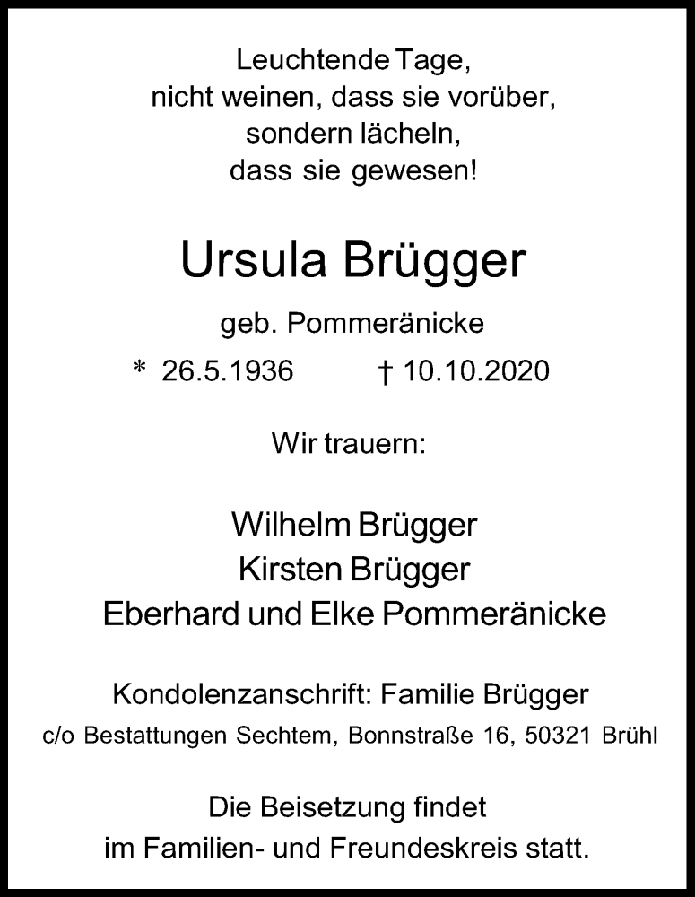  Traueranzeige für Ursula Brügger vom 17.10.2020 aus Kölner Stadt-Anzeiger / Kölnische Rundschau / Express