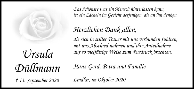  Traueranzeige für Ursula Düllmann vom 17.10.2020 aus Kölner Stadt-Anzeiger / Kölnische Rundschau / Express