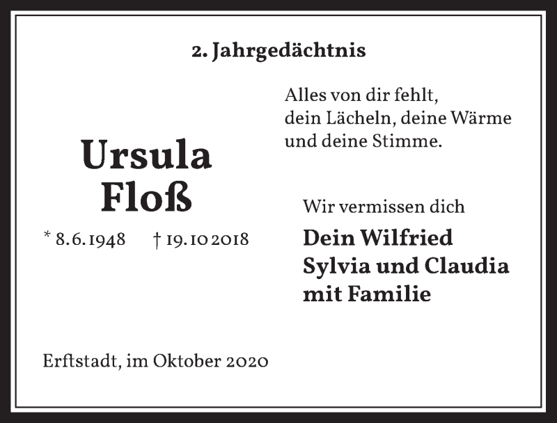  Traueranzeige für Ursula Floß vom 16.10.2020 aus  Werbepost 