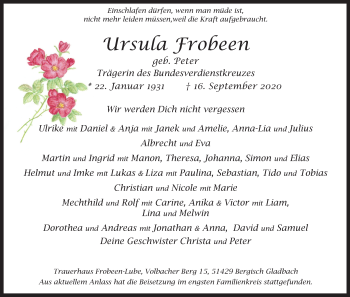 Anzeige von Ursula Froheen von Kölner Stadt-Anzeiger / Kölnische Rundschau / Express