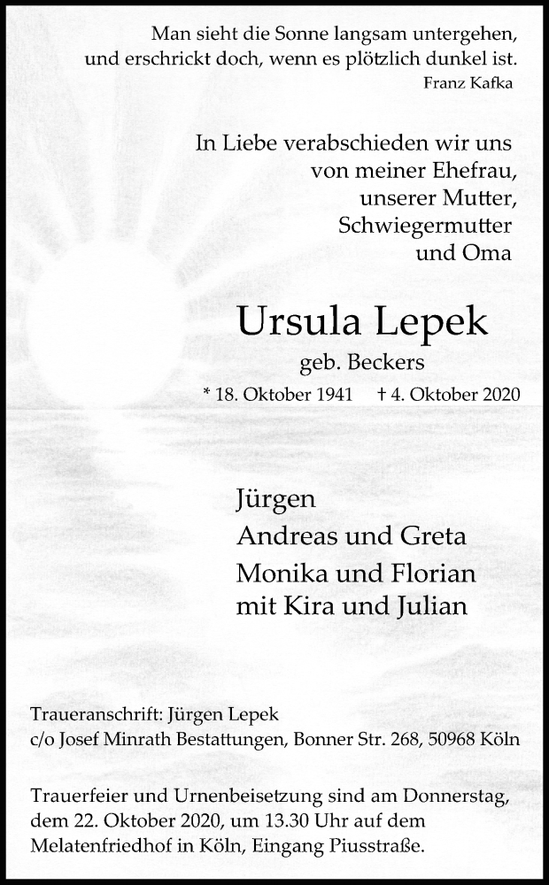  Traueranzeige für Ursula Lepek vom 17.10.2020 aus Kölner Stadt-Anzeiger / Kölnische Rundschau / Express