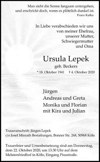 Anzeige von Ursula Lepek von Kölner Stadt-Anzeiger / Kölnische Rundschau / Express