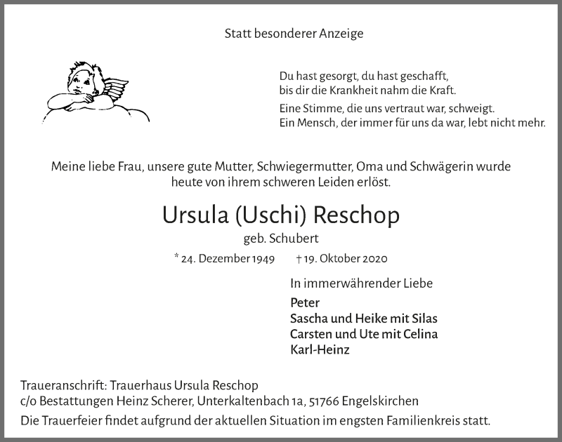  Traueranzeige für Ursula Reschop vom 23.10.2020 aus  Anzeigen Echo 