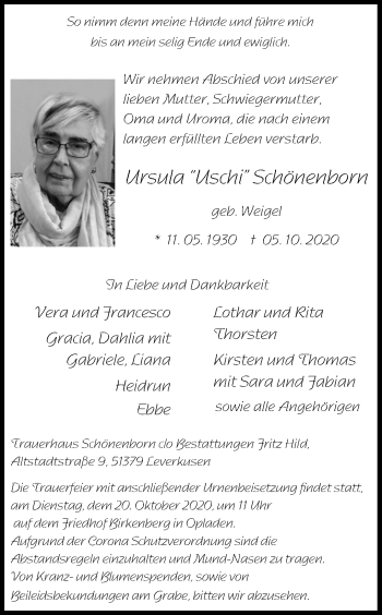 Anzeige von Ursula Schönenborn von Kölner Stadt-Anzeiger / Kölnische Rundschau / Express
