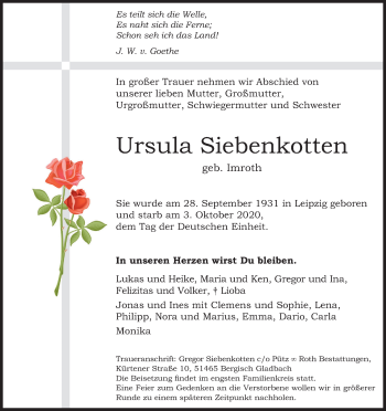 Anzeige von Ursula Siebenkotten von Kölner Stadt-Anzeiger / Kölnische Rundschau / Express