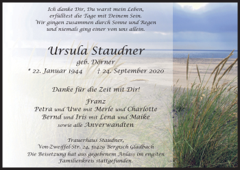 Anzeige von Ursula Staudner von Kölner Stadt-Anzeiger / Kölnische Rundschau / Express