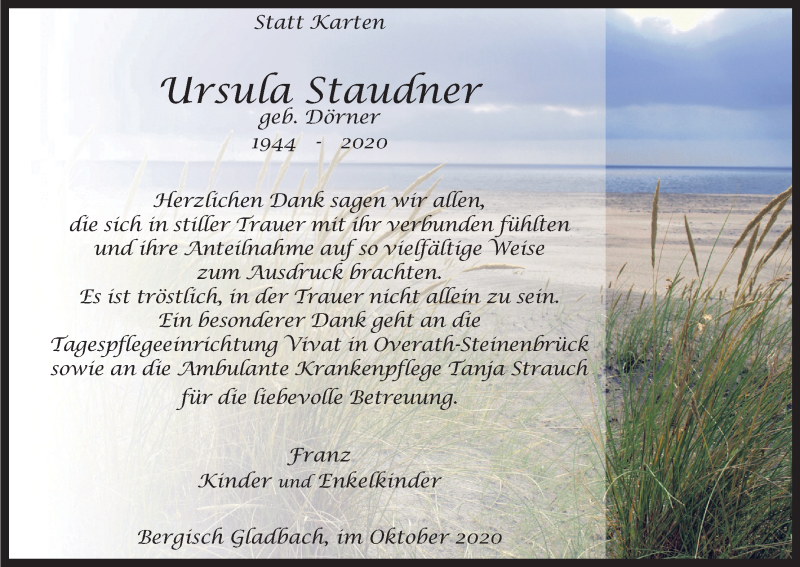  Traueranzeige für Ursula Staudner vom 31.10.2020 aus Kölner Stadt-Anzeiger / Kölnische Rundschau / Express