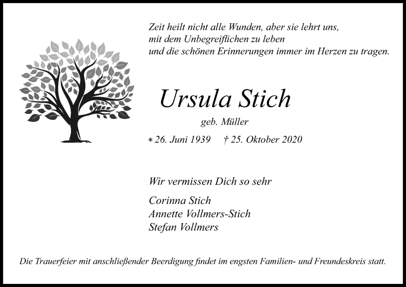  Traueranzeige für Ursula Stich vom 31.10.2020 aus Kölner Stadt-Anzeiger / Kölnische Rundschau / Express