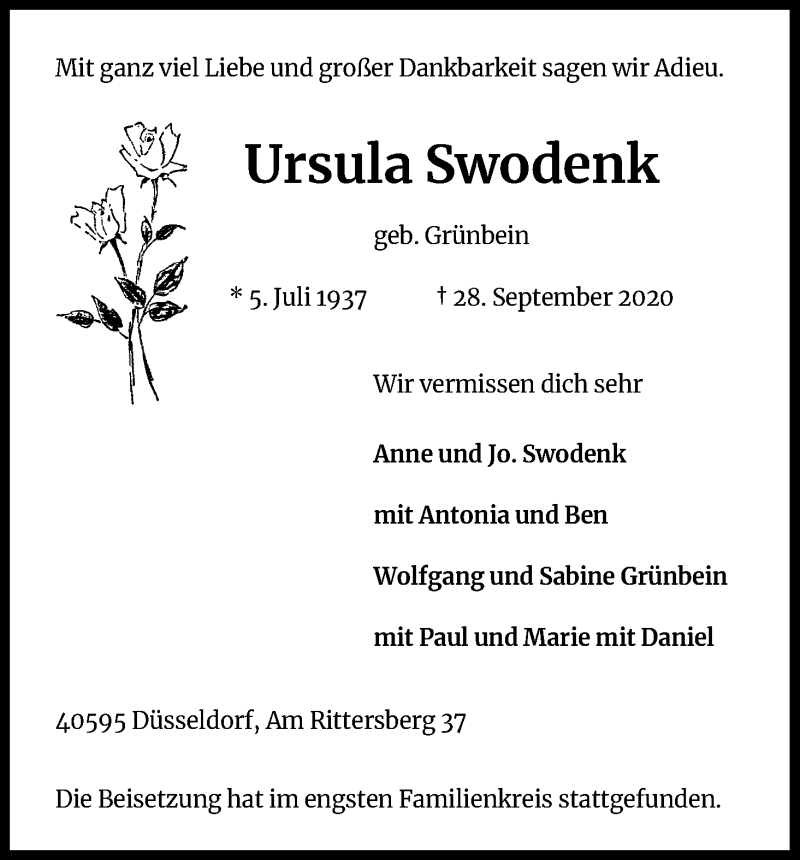  Traueranzeige für Ursula Swodenk vom 10.10.2020 aus Kölner Stadt-Anzeiger / Kölnische Rundschau / Express