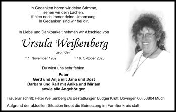 Anzeige von Ursula Weißenberg von Kölner Stadt-Anzeiger / Kölnische Rundschau / Express